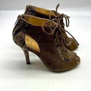 Isola - Gray Suede With Snakeskin Leather Open Toe Lace Up Heels Size 6.5
